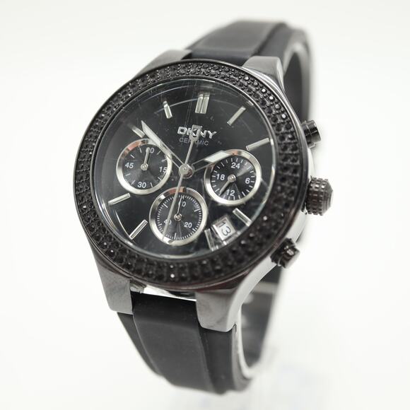 DKNY Black Ceramic Chronograph Watch 39mm Date Dial Silicone Band w New Battery - Picture 1 of 16